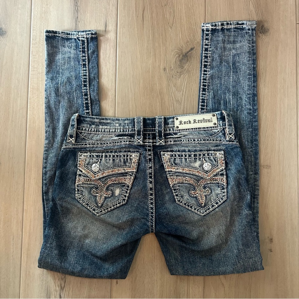 Rock Revival Jeans “Barby Skinny” Distressed Dark Wash Size 27
